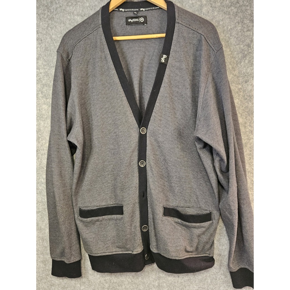 LRG Clothing Equipment Mens XL Cardigan Dad Sweater Gray Stripe Preppy Button Up